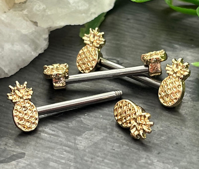 PAIR Gold Pineapple Nipple Rings Surgical Steel Barbells Body Jewelry