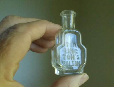 1880s CLEAR TURLINGTON'S BALSAM SUNKEN PANEL EMB HAND BLOWN LATE BOTTLE