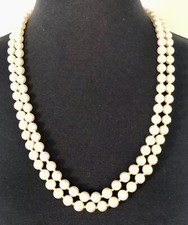 Vtg Dbl Strand Hand Knotted Faux Pearl Necklace Cream Beads Button Clasp Japan