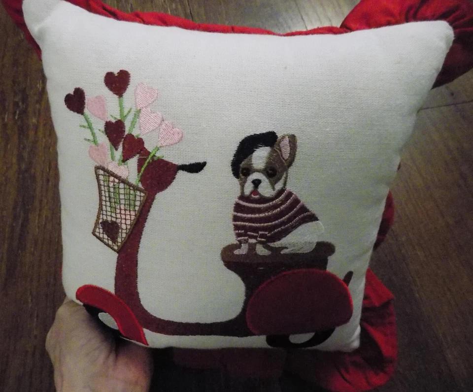 ADORABLE pillow Dog PUG w beret on Scooter flowers embroidered polka dot ruffles - Image 2 of 4