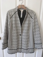 Chicos Size 2 12-14 White Black Gold Jacket Fringe Hem Geometric Button