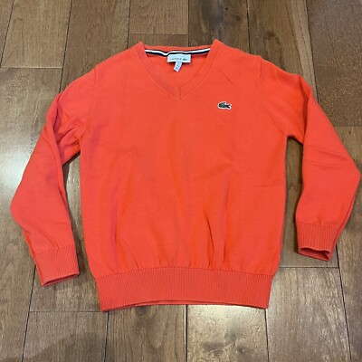 Boys Lacoste V Neck Sweater Orange Gator Cotton Wool Blend sz
