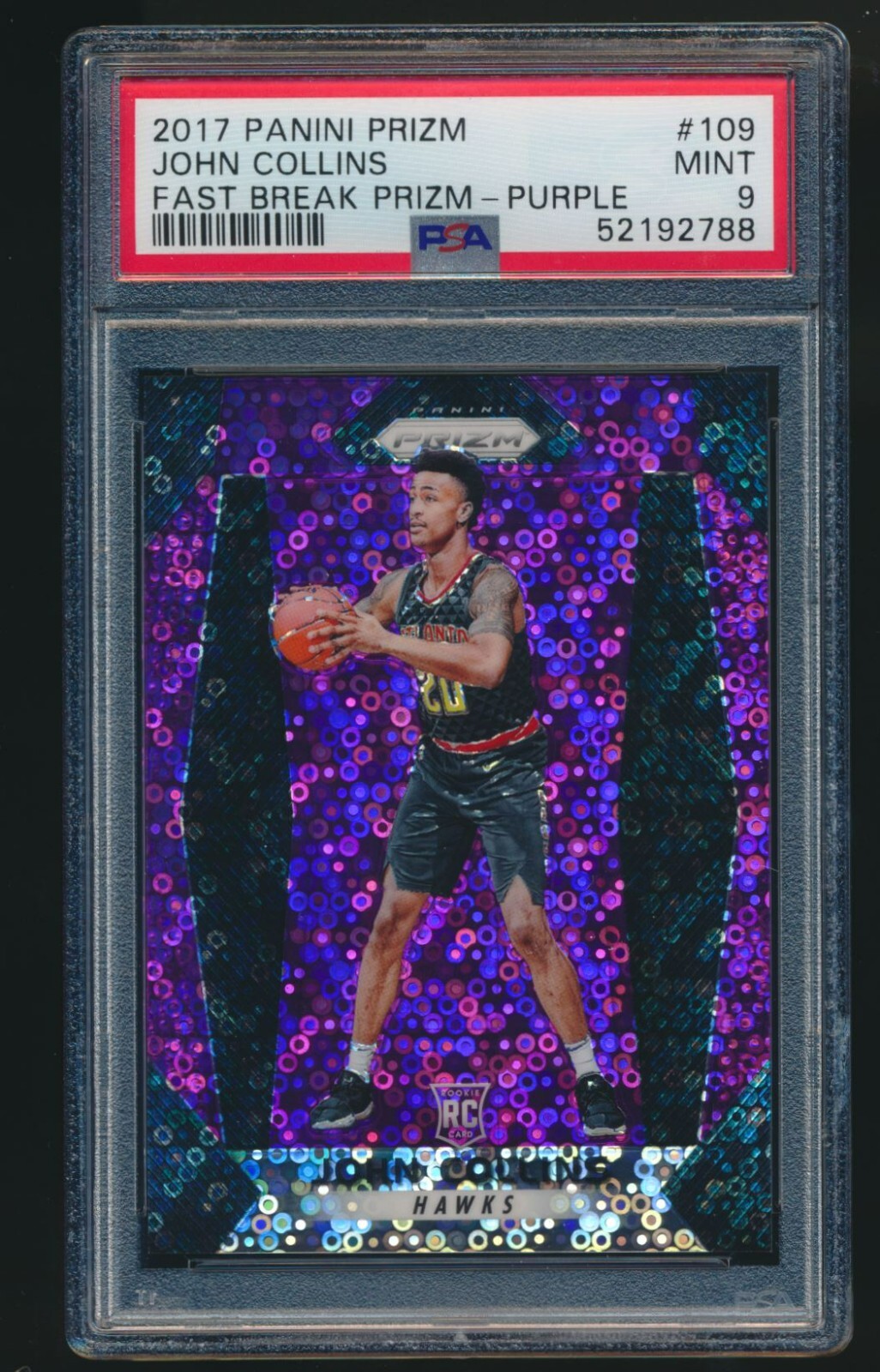 2017-18 Prizm Fast Break Disco #109 PURPLE John Collins /75 Rookie RC PSA 9