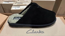 Clarks Slippers Mens Cow Suede Scuff Black Beige Faux Fur Lining sz 9 LB0248