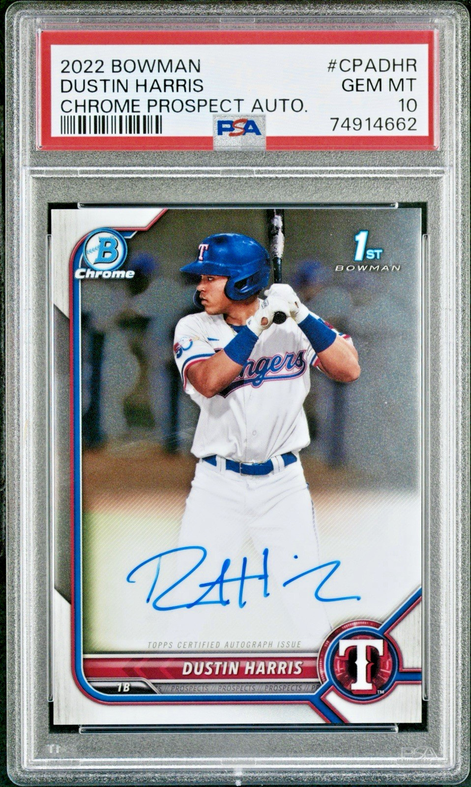 2022 BOWMAN DUSTIN HARRIS AUTO CHROME PROSPECT 1ST #CPA-DHR PSA 10 RANGERS
