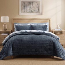 WRENSONGE Velvet King Size Quilt Set3 Pieces Blue Grey Luxurious Velvet Strip...
