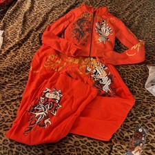 RARE XS Ed Hardy New Panther Dagger Tracksuit Cropped Hoodie Sweatpants Orange