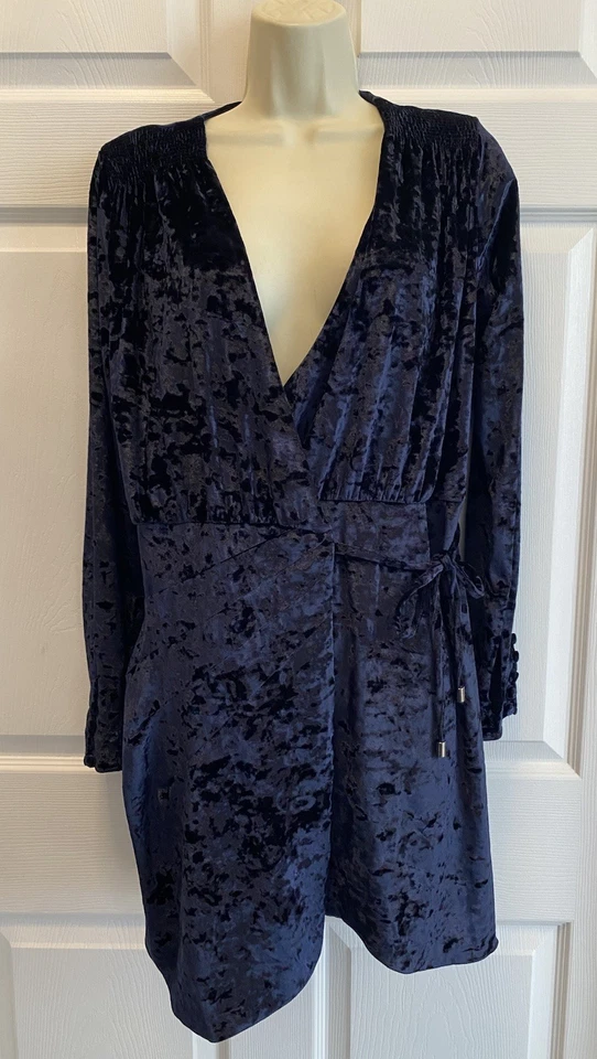 Vestido envolvente de terciopelo GREYLIN azul aplastado manga larga lazo cintura fiesta vacaciones talla M Foto 2 de 4