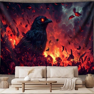 1pc - Extra Large, Dark Raven & Flames Landscape Tapestry, Polyester Wall Art wi