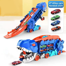 Transport Dinosaur Truck with Portable Foldable Sliding Race into Standing T-Rex
