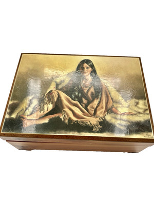 Vintage Cedar Wooden Trinket Box With Native American Women Artwork - Keepsake