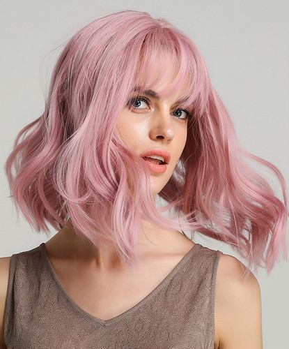 Curly Bob Wig with Bangs Short Wavy Pink Wigs for Women Natural Looking Synth...