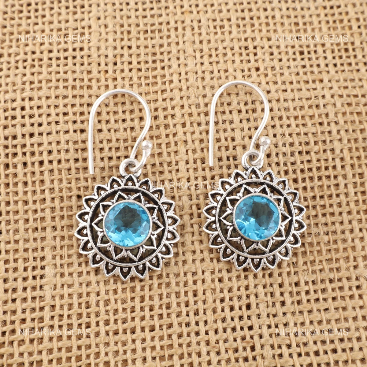 LP LOHASPIE Orecchini A Borchia In Argento 925 Con Topazio Blu E Citrino - Placcati Rodio