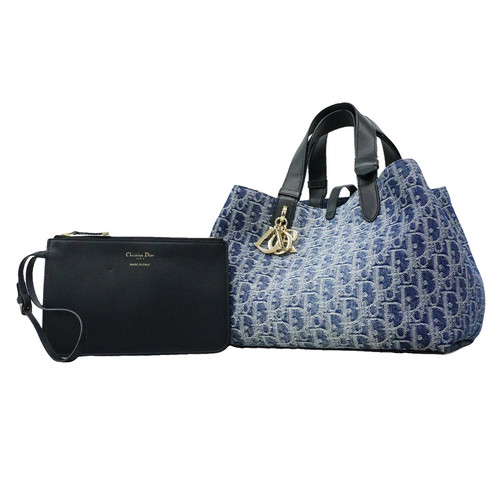 AUTH CHRISTIAN DIOR TOUJOURS OBLIQUE TOTE BAG DENIM BLUE GOLD WOMEN'S F/S