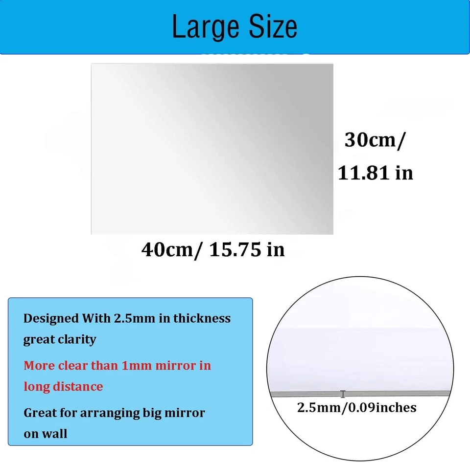 Hoja Espejo Acrílico 16"X12", Flexible Cuerpo No Vidrio Espejo Azulejos Grande Auto Anuncio Foto 2 de 4