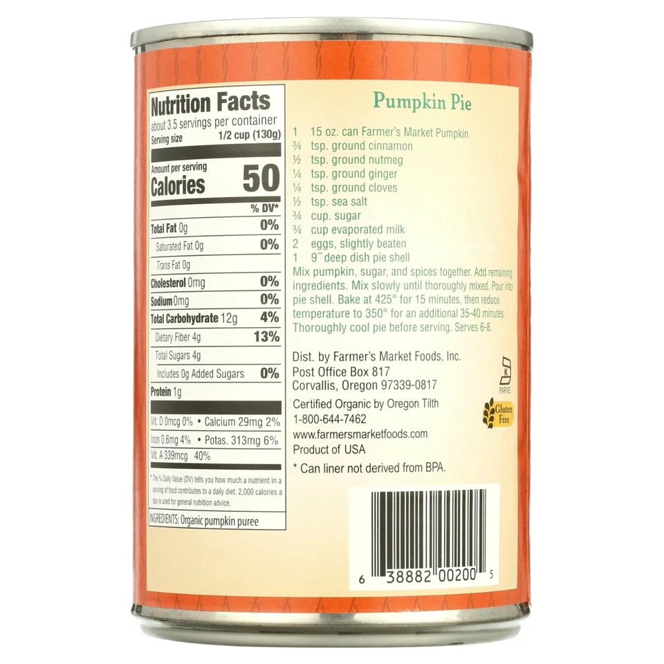 (3 Pack) Farmers Market Foods Pumpkin Puree - 15 oz Cans, 100% Pure - Image 4 of 4