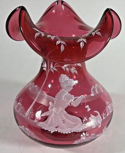 Fenton Glass Cranberry Mary Gregory 95th Anniversary Vase, Bill Fenton Signed