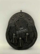 New Scottish Full Dress Kilt Sporrans Leather Black Bovine Celtic Cantle Sporran