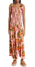 Farm Rio S Small Mango Trees Pink Midi Womens Dress Smocked Sleeveless $245