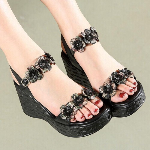 Fashion Women Retro Platform Wedge Heels Peep Toe Leather Floral Sandals Shoes - Picture 5 of 14