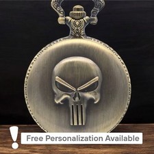 Skull Pocket Watch Vintage Look Bronze Metal Biker Gift, Gothic Keepsake for Men