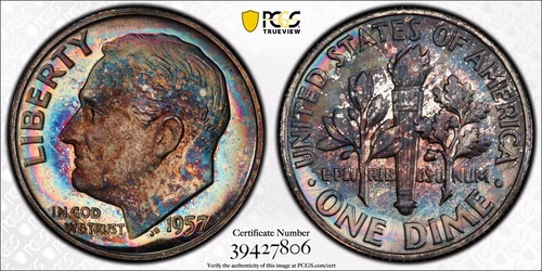 1957-P Roosevelt Silver Dime PCGS PR66 Beautiful Proof Color Rainbow Toned