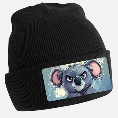 Unisex Cotton Angry Koala Print Black Beanie Hat