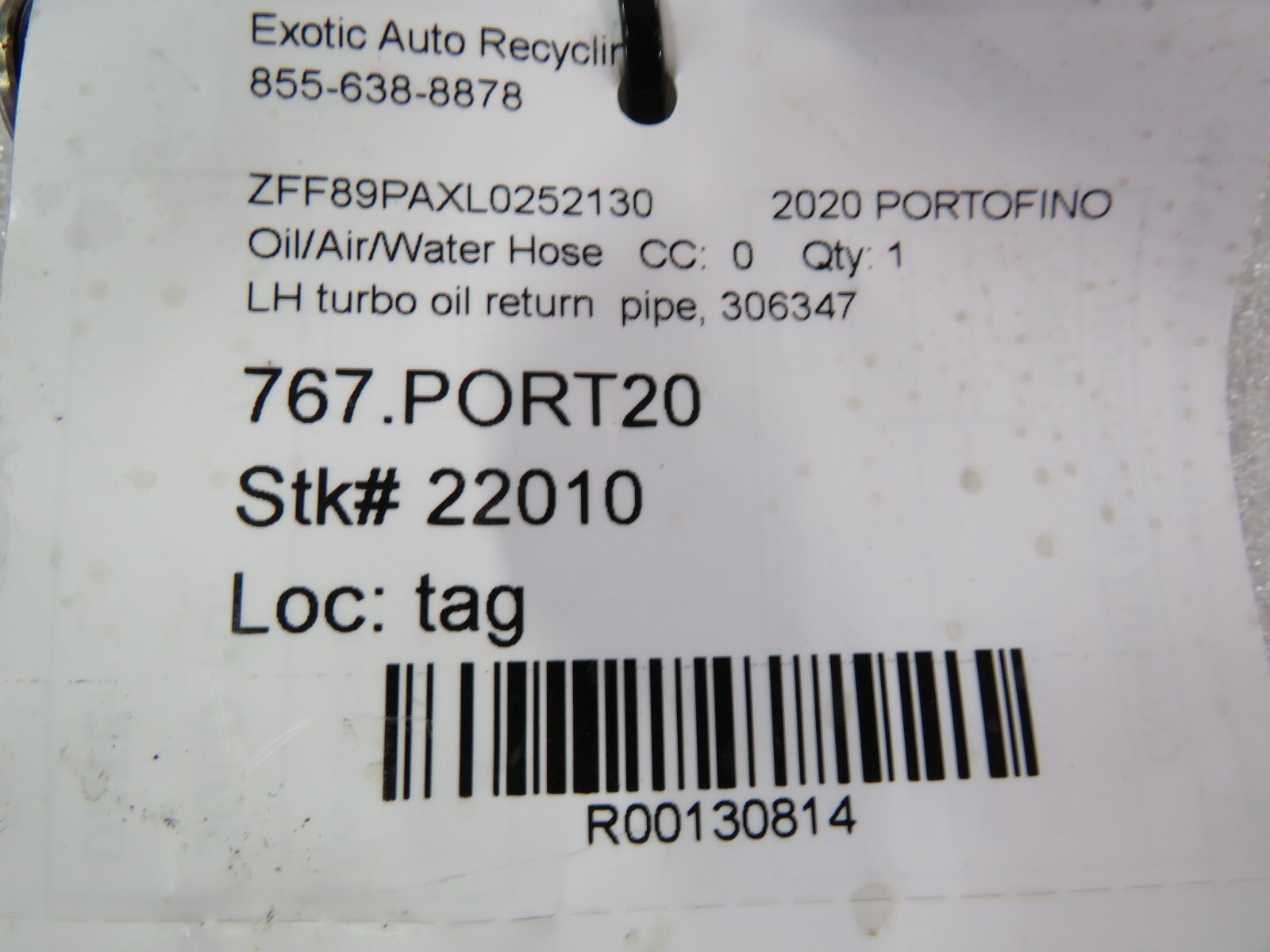 Ferrari Portofino, California T, LH, Turbo Oil Return Hose, Used, P/N 306347