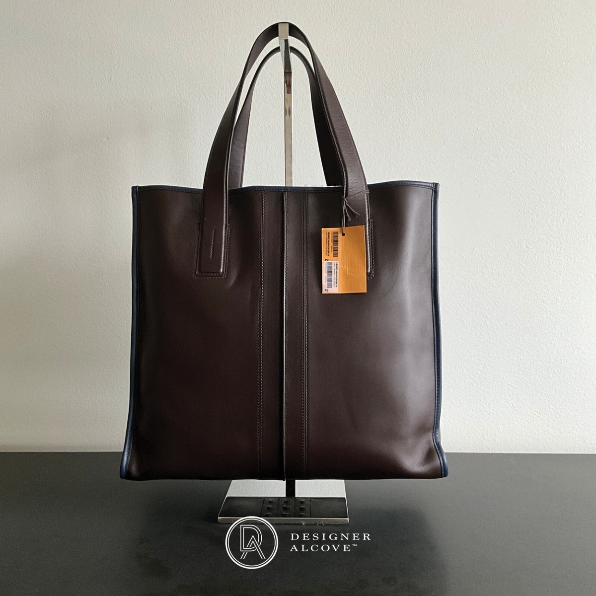 TOD'S Script Tote Bag in Brown Nappa Leather with Navy Trim Detail