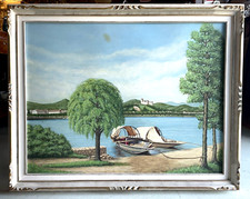 GRANDE QUADRO DIPINTO OLIO PAESAGGIO LAGO MAGGIORE CASTELLO ANGERA ARONA '66