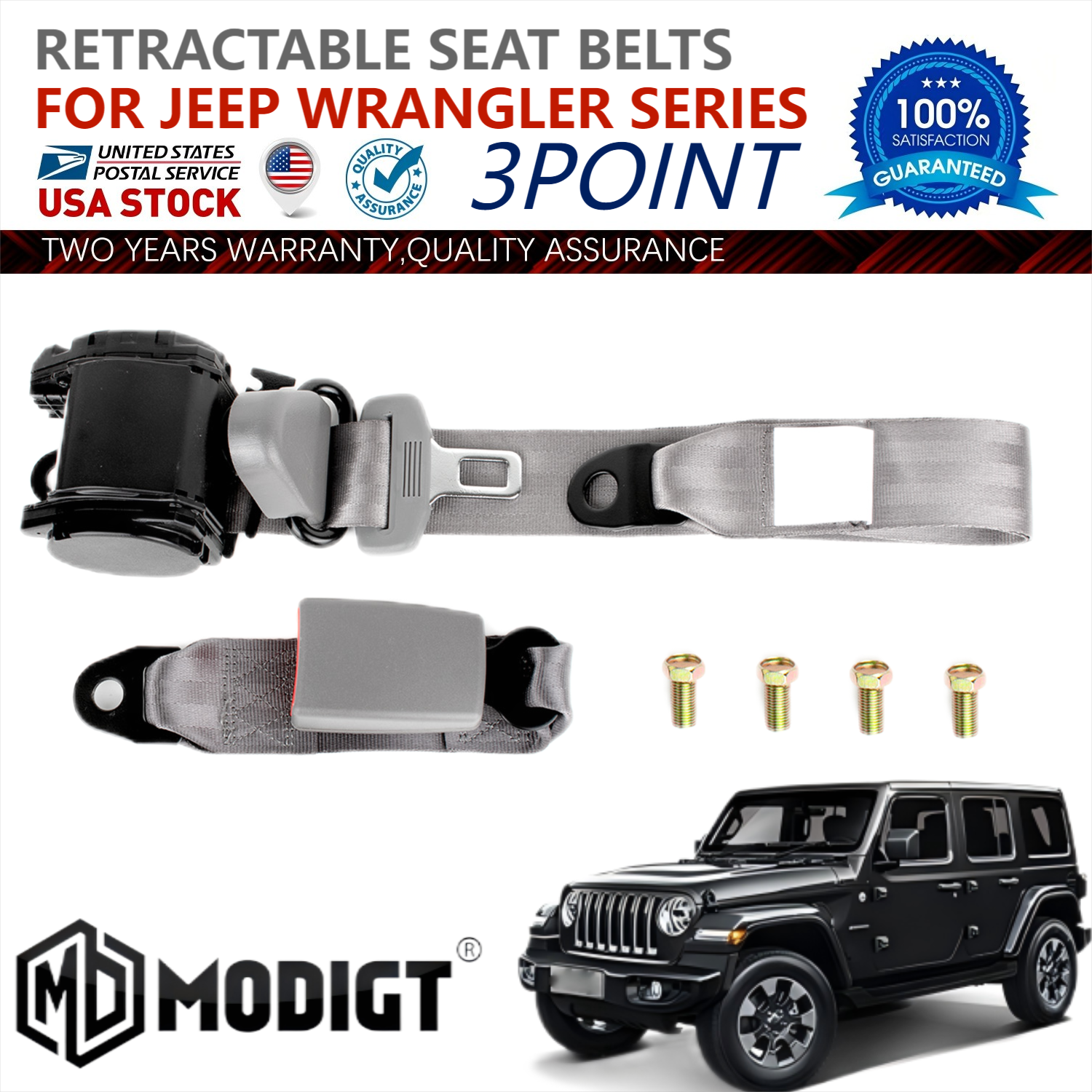 Gray 3 Point Seat Belt Set Retractable & Adjustable For Jeep Wrangler Replace