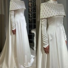 Elegant Long Sleeves Wedding Dresses with Cape Satin High Neck Bridal Gowns