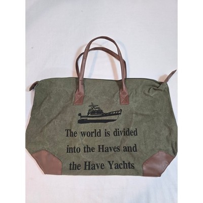 RAj Canvas Duffle Bag Olive Green ''Haves and Have Yachts'' Nautical Travel Tote