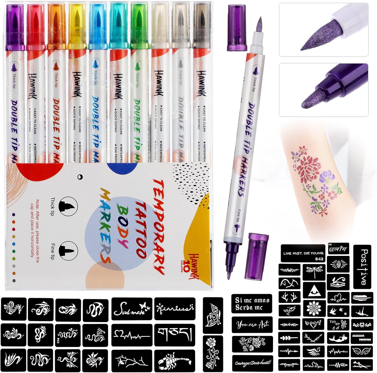 HAWINK Temporary Tattoo Markers for Skin, 10 Body Markers + 20 Large Tattoo Ste
