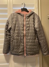 Eddie Bauer Girls Size Large 14 Gray Puffer Coat Fleece Lined Reversible Jacket