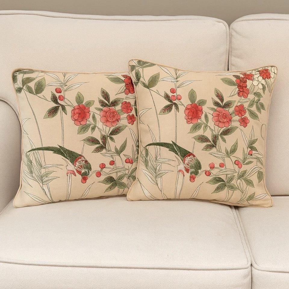 Conjunto de 2 travesseiros estilo asiático de lona de algodão e bambu pássaro chinoiserie 18"" - Imagem 2 de 4