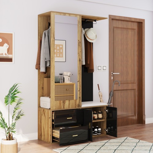 Garderoben-Set Garderobe mit Spiegel Schuhschrank Schuhbank Kleiderstange Haken - Bild 3 von 11