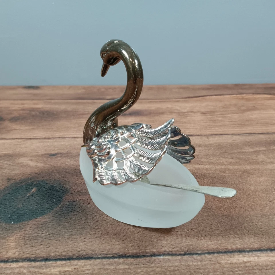Soporte para plato de caramelo cisne de vidrio esmerilado con cuchara caja de baratija decorativa vintage Foto 2 de 4