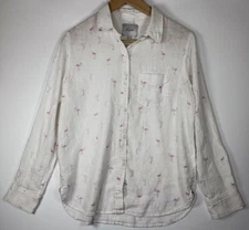 Rails Charli Womens Small Flamingos Print Linen Blend Button Up Shirt White Pink