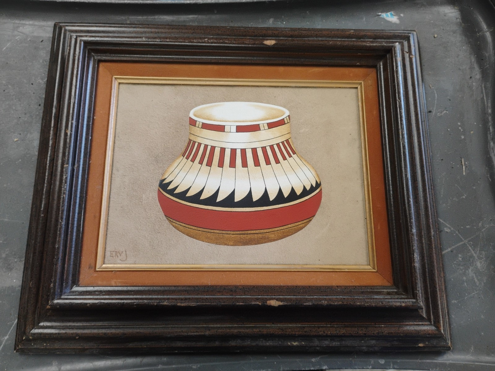 painting on suede by listed artist Erv Johnson depicting Native American pottery