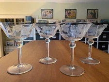 S/4 Vintage Fine Crystal 5.75" Stemware Etched Flower Leaves- Lovely!