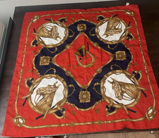 Vintage Equestrian Scarf Horse Heads Red Navy Brown Square Italy