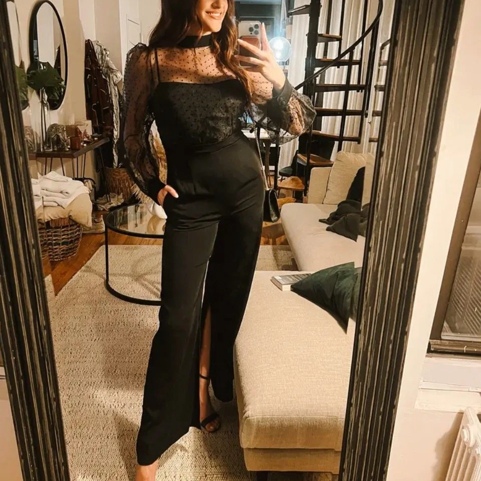 Mono Negro Halo Cóctel TALLA 6 Organza Pierna Ancha Dobladillo Dividido Fiesta EE. UU. $485 Foto 4 de 4