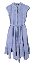 DKNY SHIRT DRESS ladies size S blue white stripe short sleeve full zigzag hem