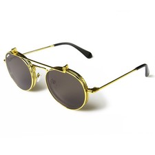 GLVSS Brand 'Huncho' Metal Round Flip-Up Sunglasses Gold Frame Smoke Tint Lens