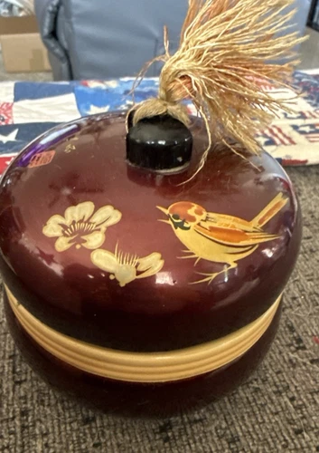 Round Japanese Lacquer Powder Box Burgundy Tassel on Lid Knob. 4” Round