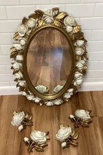 Espejo ovalado vintage Homco dorado blanco 3D rosas Hollywood Regency decoración de pared 5 piezas
