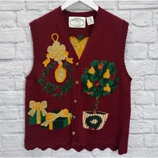 Vintage Eagles Eye Sweater Vest Size L Burgundy Red Pear Tree Christmas Wreath