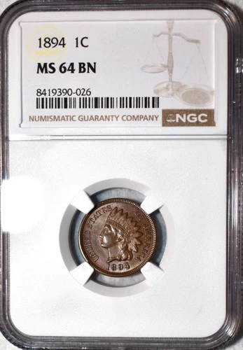 NGC MS-64 BN 1894 Indian Head Cent, Razor-Sharp, Lustrous specimen.