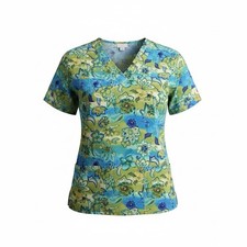 Fashion Scrubs Women  s V Neck Scrub Top Small Floral Print Green Blue Multicolor